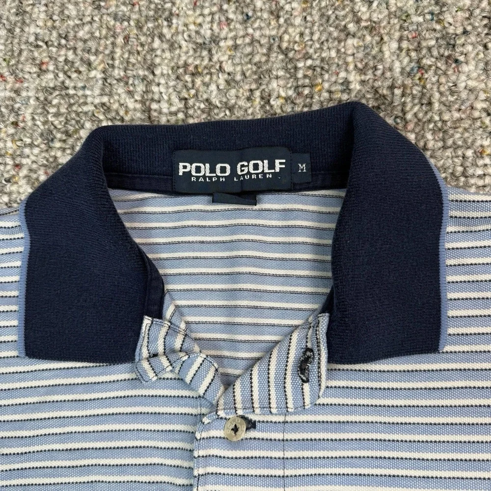 Vintage Ralph Lauren Polo Shirt Mens Medium Striped Golf Rugby Preppy Blue